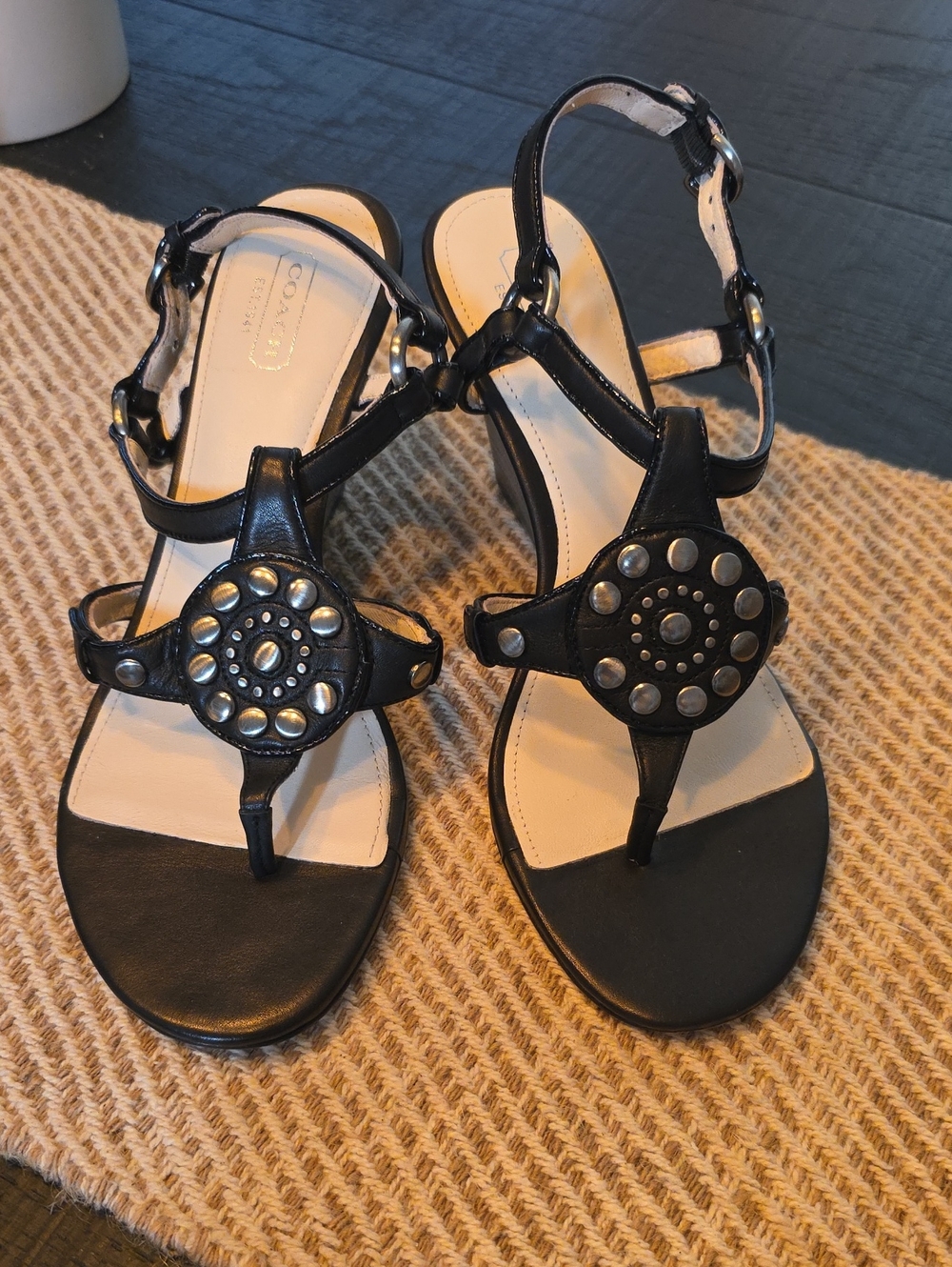 Coach Harper Black Leather Studded T-Strap Sandals